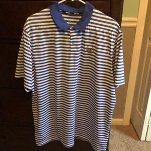 Men’s blue and white stripe Nike for fit polo with Cliffs golf course logo!